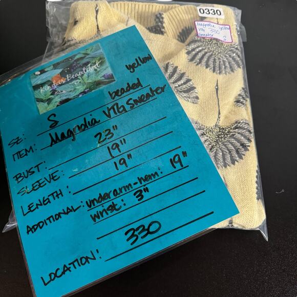 Magnolia Vtg Women's Sweater SZ S Beaded Embellished Crane Bird Print Fan Yellow - Picture 11 of 11